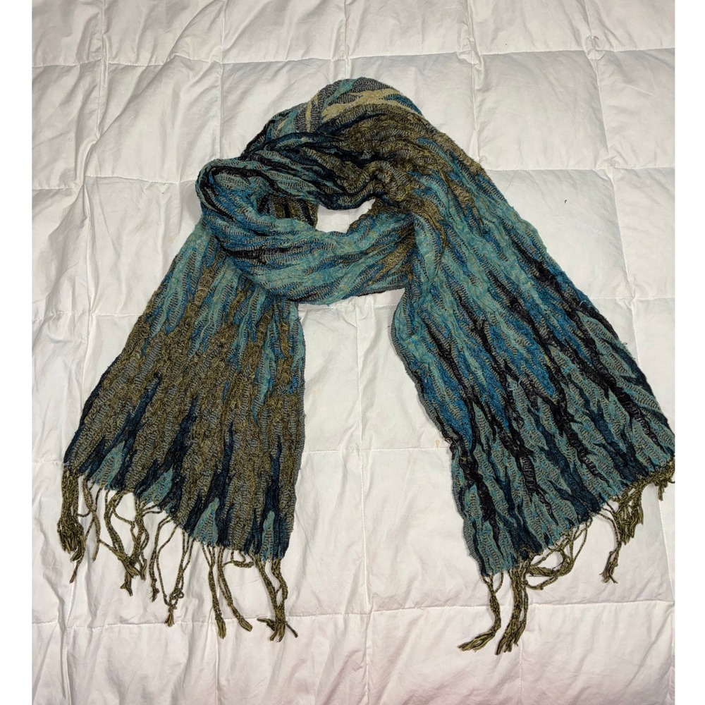 Abstract Textured Knit Fringe Scarf Teal Olive Green Black Boho Crinkle Wrap